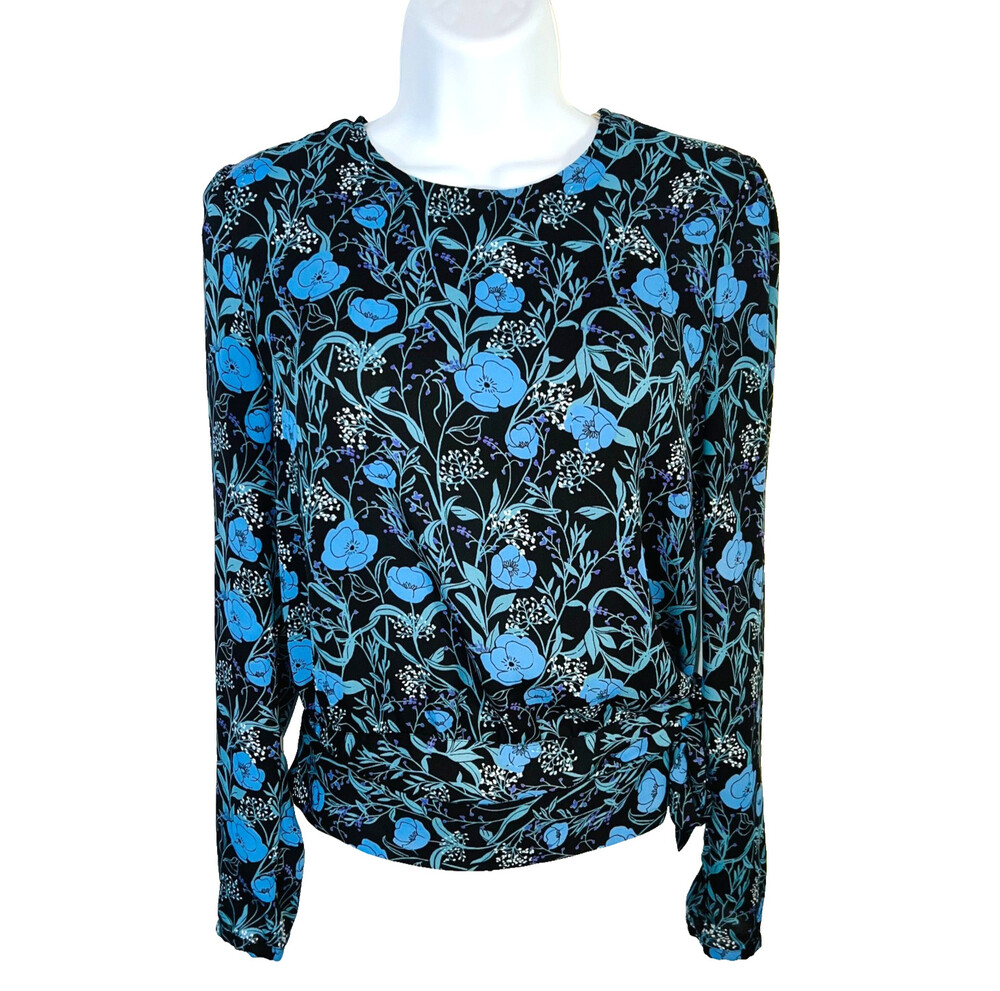 Who What Wear - Blouse Womens S Midnight Floral Long Balloon Sleeve Tie Waist